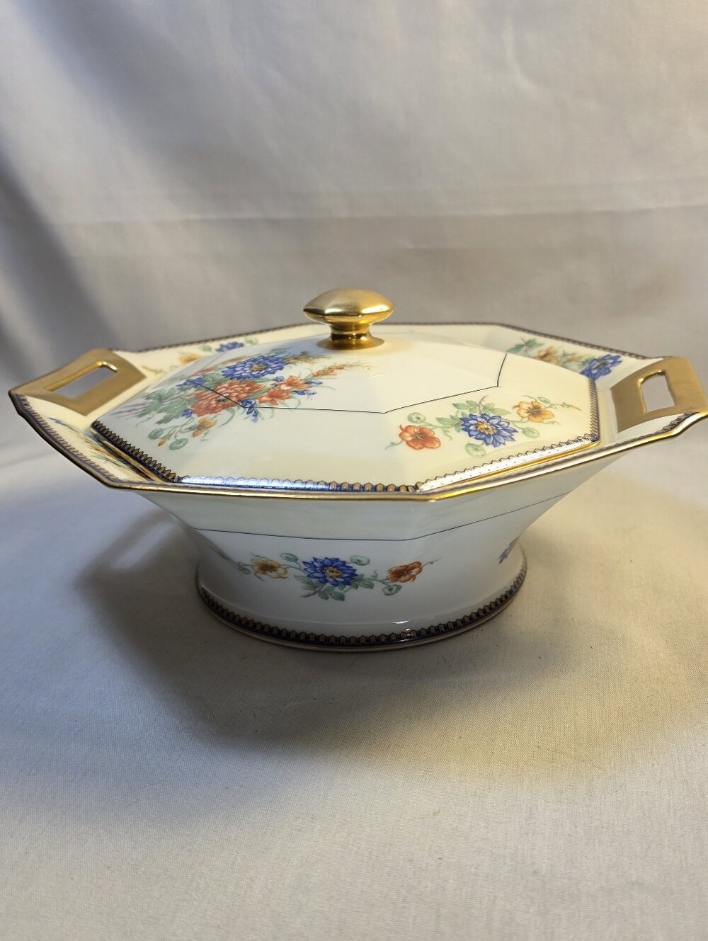Theodore Haviland Limoges Octagonal Covered Vegetable Dish Vintage Peonies